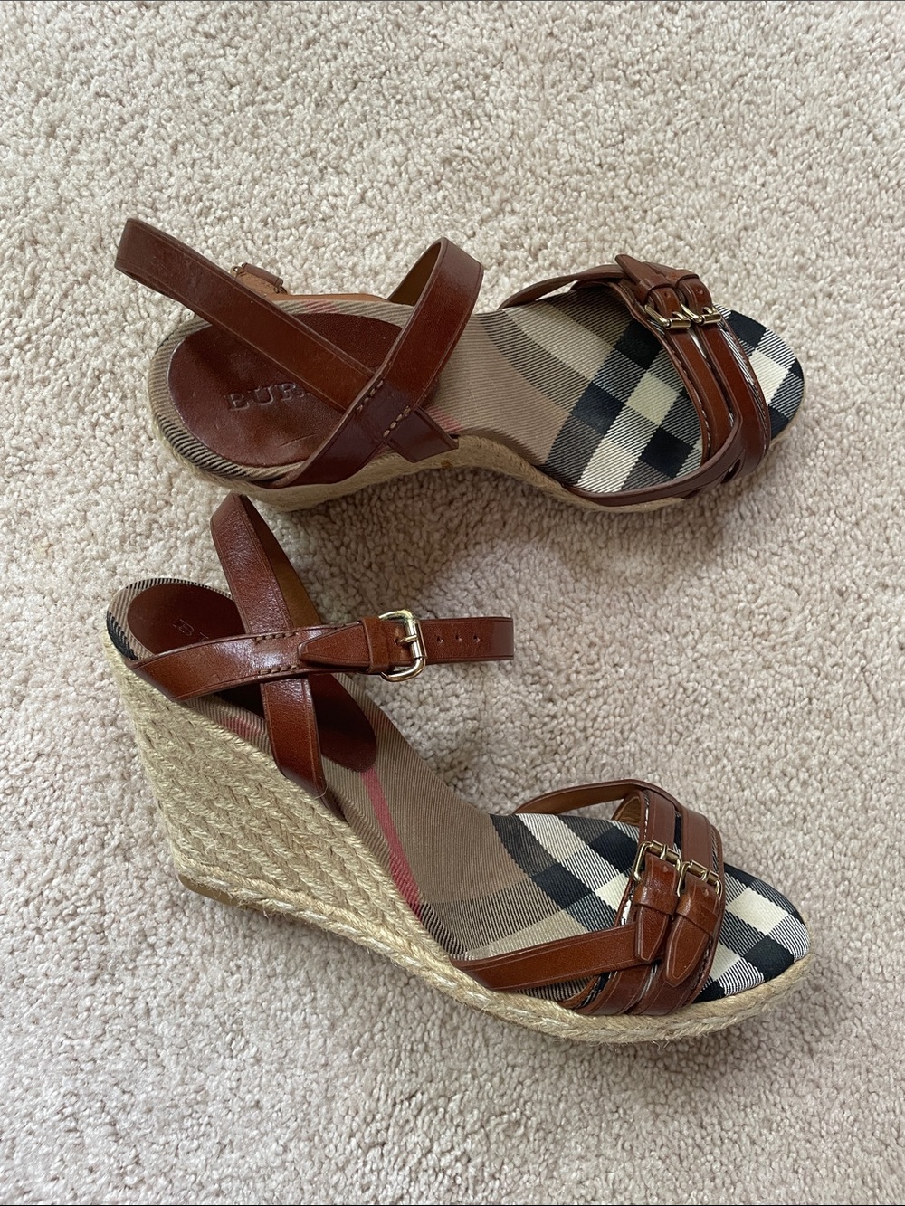 Burberry Brown Leather & Beige Check Espadrille Wedge Sandals - Picture 13 of 16